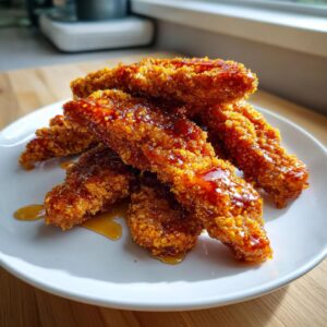 A stack of crispy, golden brown hot honey chicken tenders drizzled with a shiny, amber glaze on a white plate.