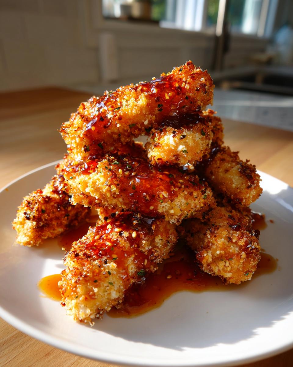 A stack of crispy, golden hot honey chicken tenders drizzled generously with a shiny, spicy glaze.
