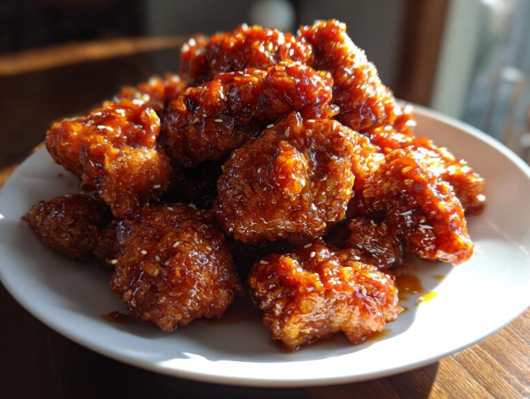 A pile of crispy, glazed pieces of orange chicken recipe, sprinkled with sesame seeds, served on a white plate.