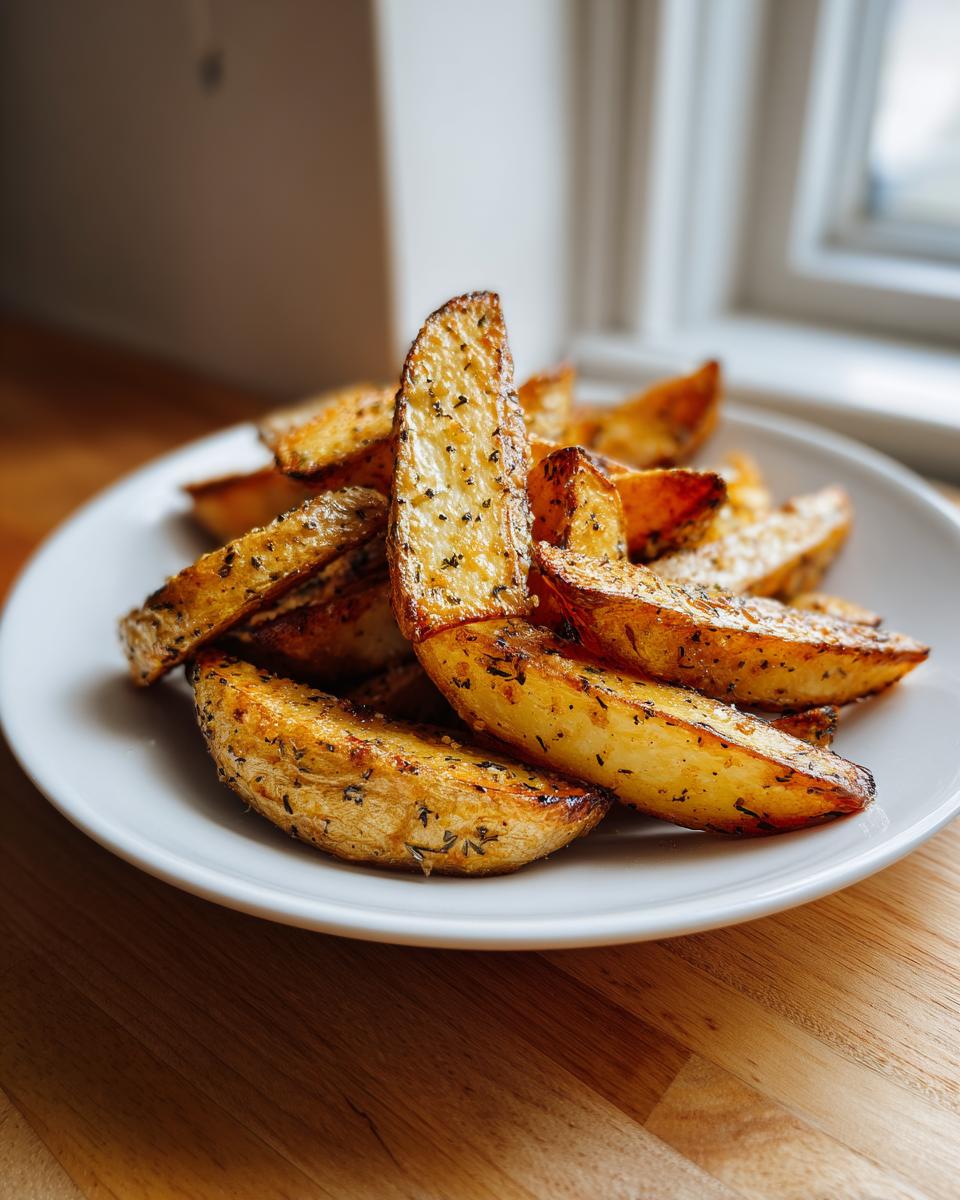 A plate piled high with golden brown, seasoned potato wedges, perfectly crispy from baking.