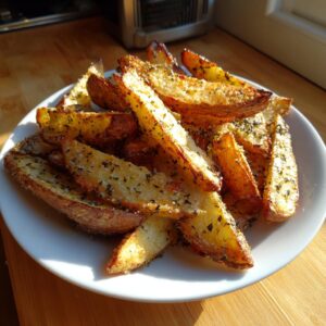 A close-up of golden, crispy seasoned potato wedges piled high on a white plate, perfect for snacking.