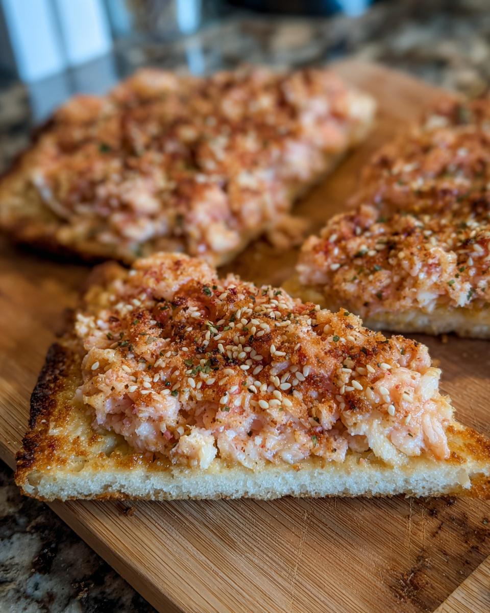 Close-up of a piece of golden-brown shrimp toast topped with a savory shrimp mixture and sesame seeds.