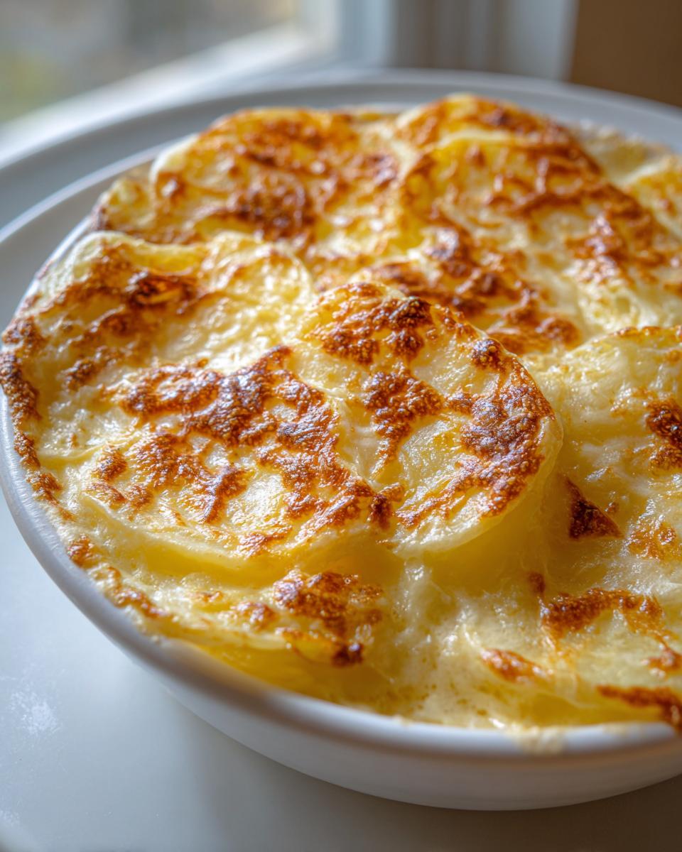 Close-up of golden brown, bubbly crockpot cheesy potatoes made with thinly sliced potatoes and a creamy sauce.