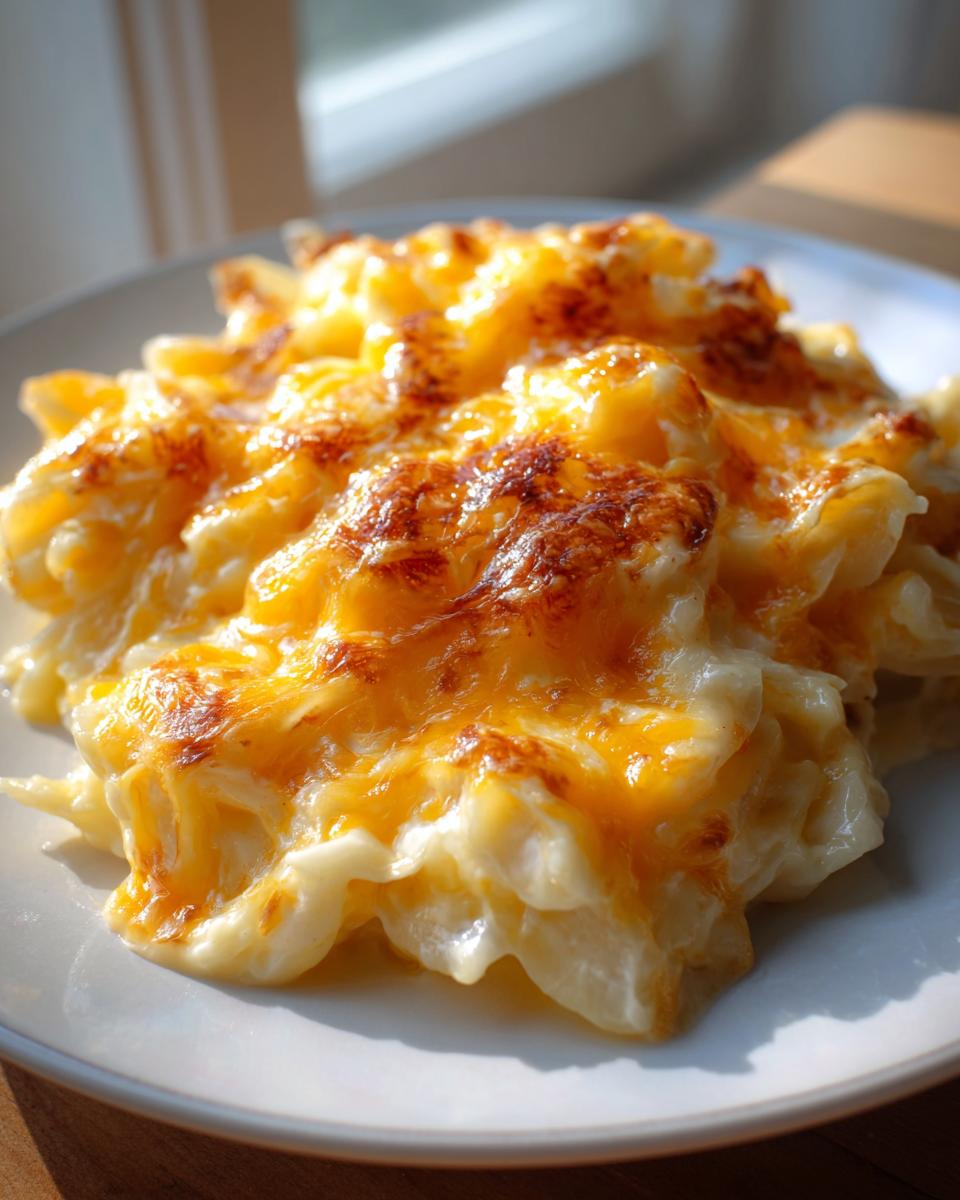 A close-up of creamy crockpot cheesy potatoes with a golden brown, bubbly melted cheddar cheese topping.