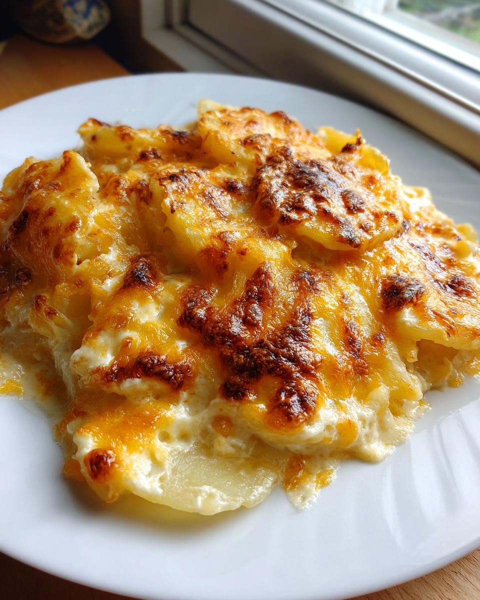 A close-up serving of creamy crockpot cheesy potatoes with a bubbly, browned cheese topping on a white plate.