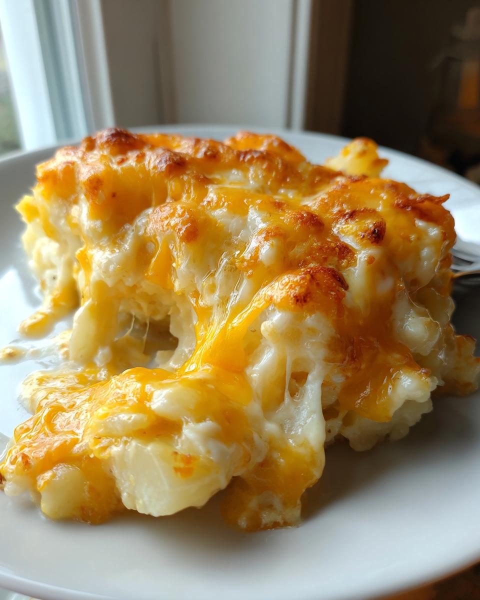 Close-up of a serving of crockpot cheesy potatoes with melted, browned cheddar cheese stretching between the pieces.