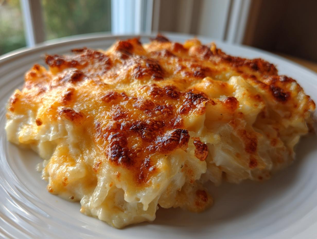A close-up serving of crockpot cheesy potatoes with a heavily browned and bubbly cheese topping on a white plate.