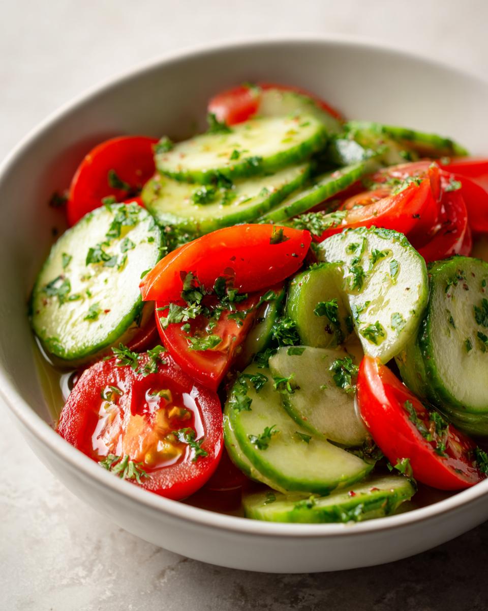 Close-up of a bowl filled with vibrant cucumber tomato salad, dressed in oil and sprinkled with fresh herbs.