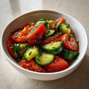 Close-up of a vibrant cucumber tomato salad tossed in dressing and topped with fresh parsley in a white bowl.