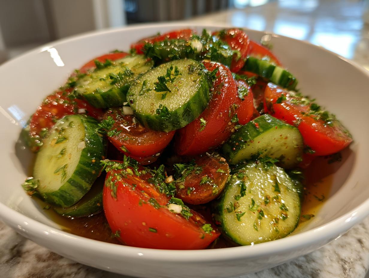 Close-up of a vibrant cucumber tomato salad tossed in a light vinaigrette and topped with fresh herbs.