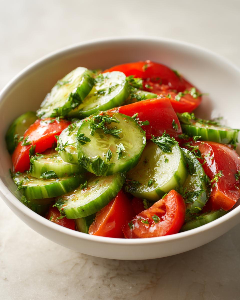 Close-up of a vibrant cucumber tomato salad, sliced and garnished with fresh herbs.