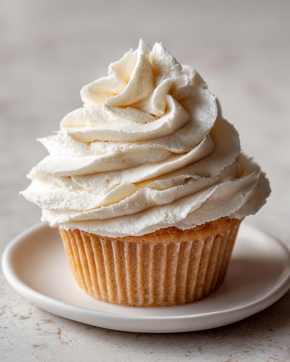 A single vanilla cupcake topped with a tall swirl of creamy vanilla buttercream frosting, sitting on a small white plate.
