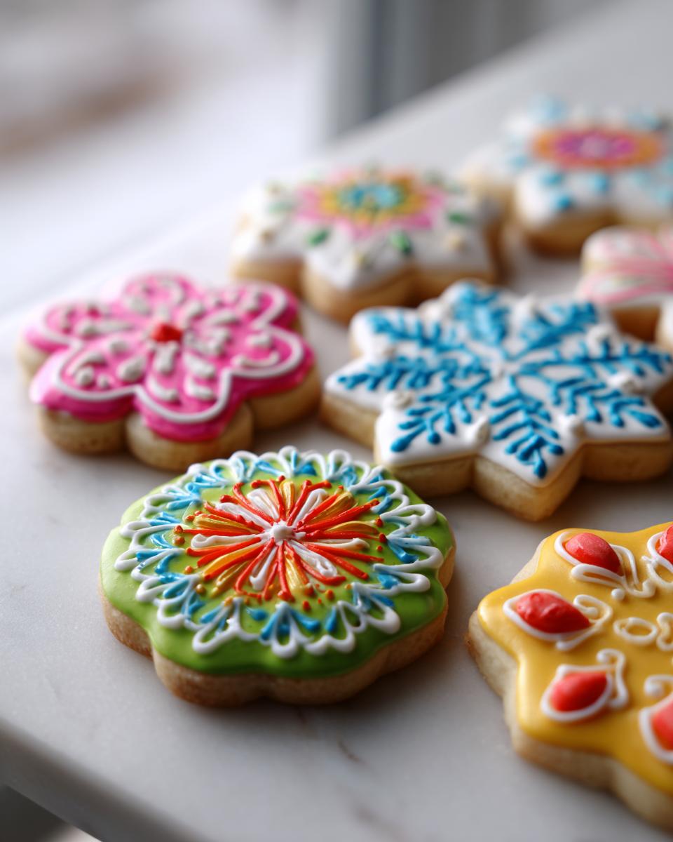 Close-up of several flower and snowflake-shaped sugar cookies decorated with vibrant, hard-set royal icing from a sugar cookie icing recipe.