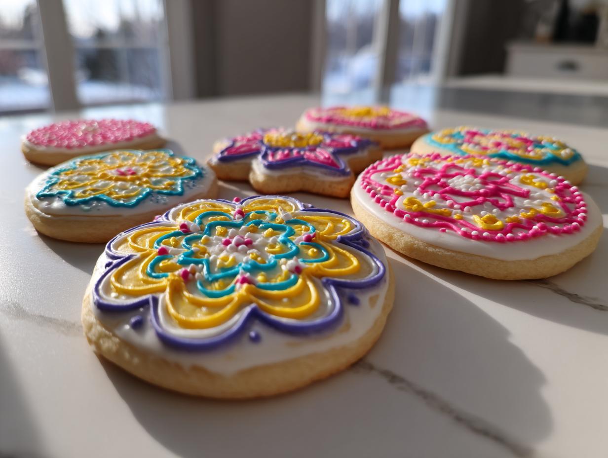 Several beautifully decorated sugar cookies featuring intricate royal icing designs in yellow, pink, blue, and purple, made with a sugar cookie icing recipe.