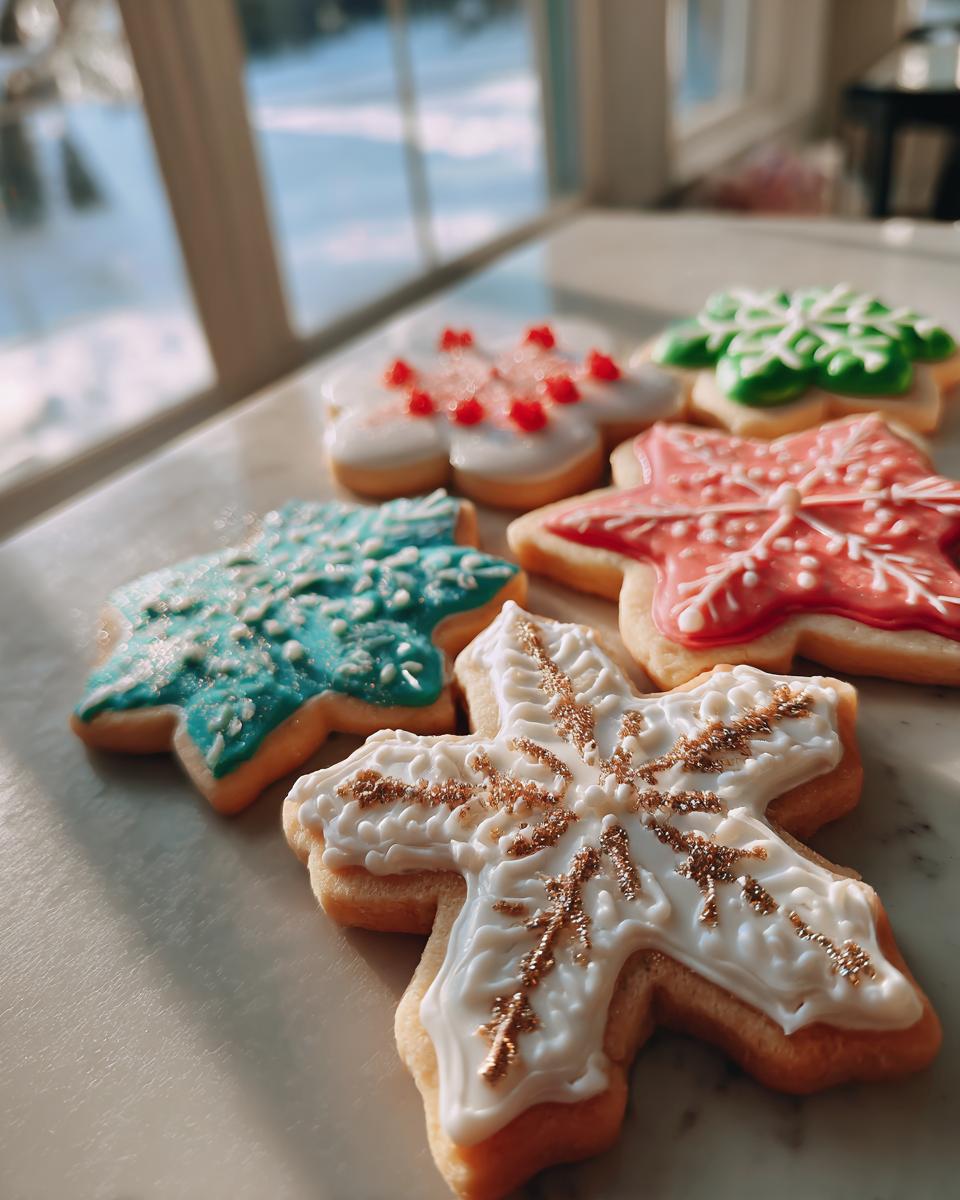 Close-up of colorful, decorated sugar cookies using a sugar cookie icing recipe, shaped like snowflakes and flowers.