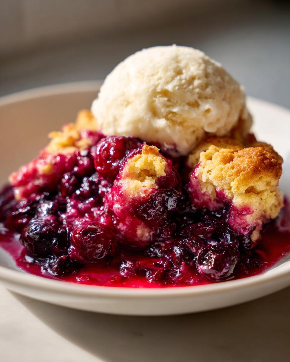 A warm serving of easy mixed berry cobbler topped with a scoop of vanilla ice cream in a white bowl.