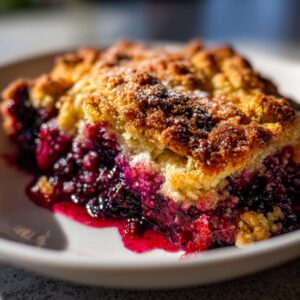 A close-up, tempting serving of easy mixed berry cobbler with a golden crust and bubbling purple fruit filling.