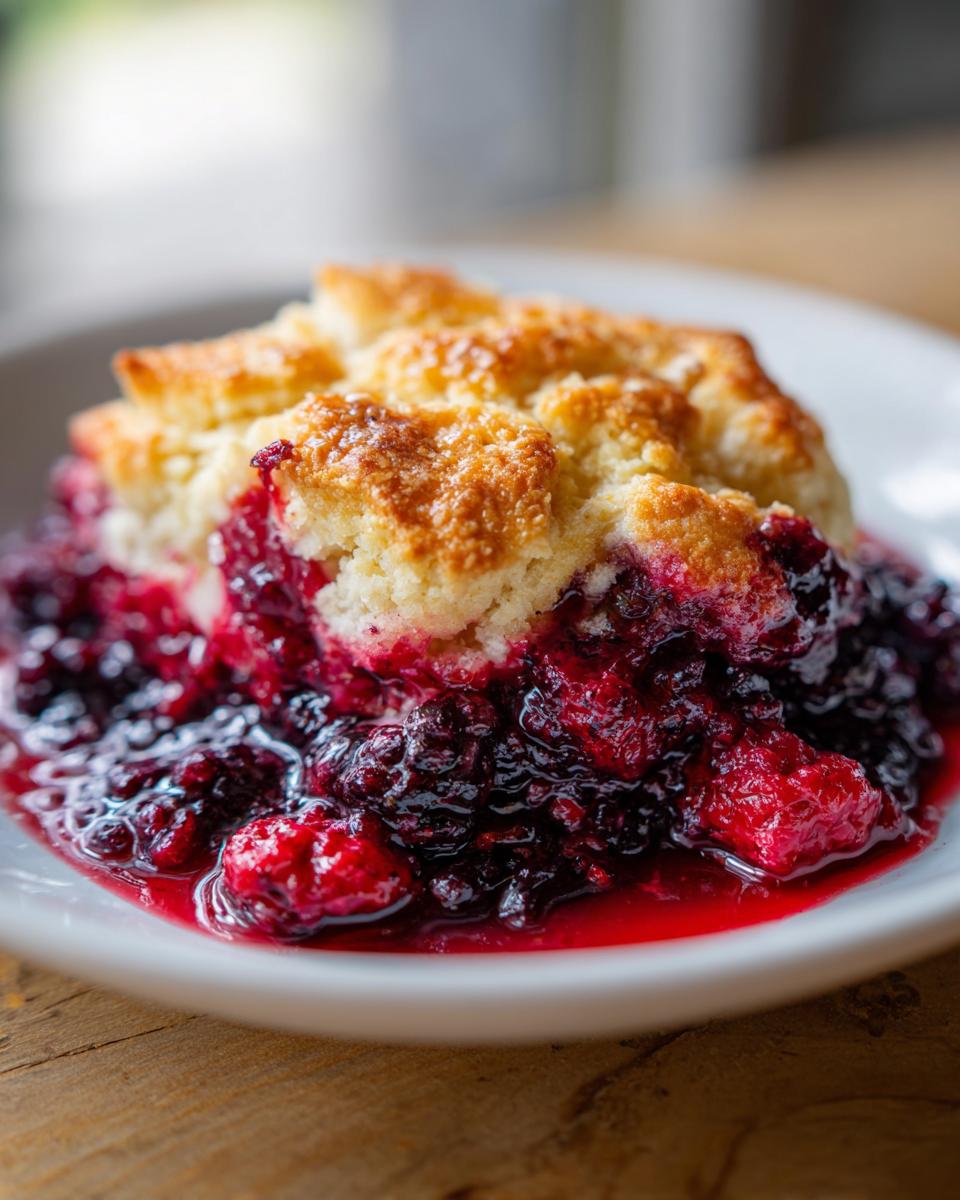 Close-up of a warm serving of easy mixed berry cobbler with a golden topping and bubbling, rich berry filling.