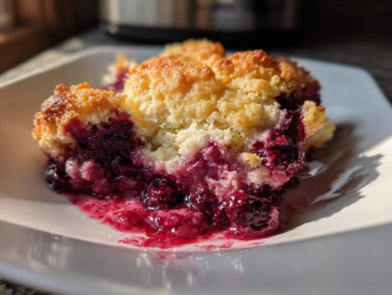 A close-up of a warm serving of easy mixed berry cobbler with a golden topping and bubbling purple berry filling.