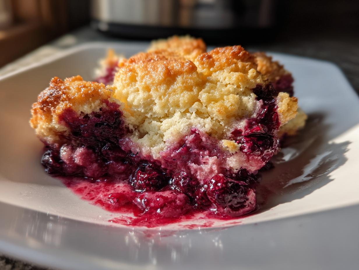 A close-up of a warm serving of easy mixed berry cobbler with a golden topping and bubbling purple berry filling.
