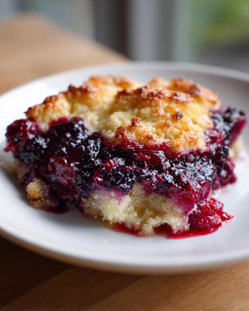 Close-up of a warm slice of mixed berry cobbler showing juicy purple berries and a golden, crumbly topping on a white plate.