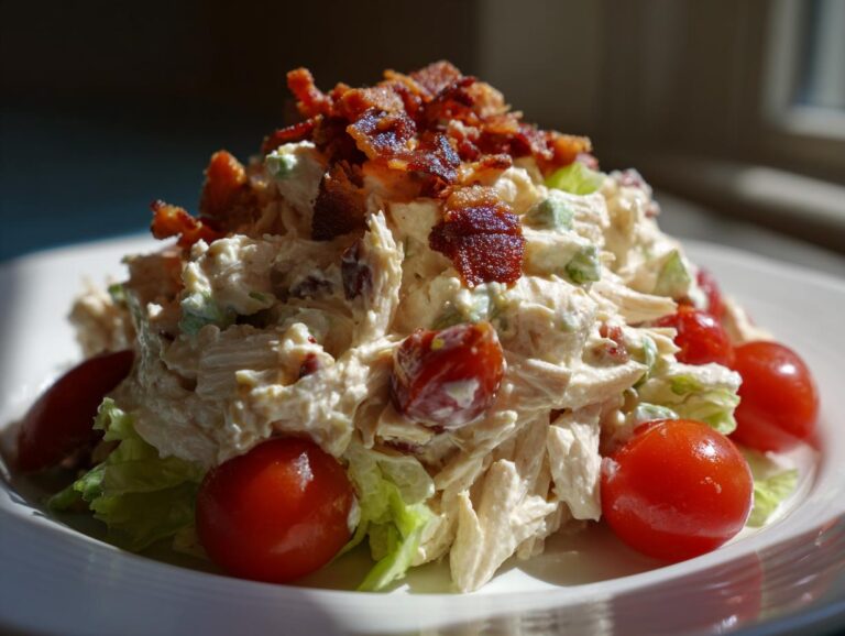 A mound of creamy blt chicken salad topped with crispy bacon bits and served over lettuce with cherry tomatoes.
