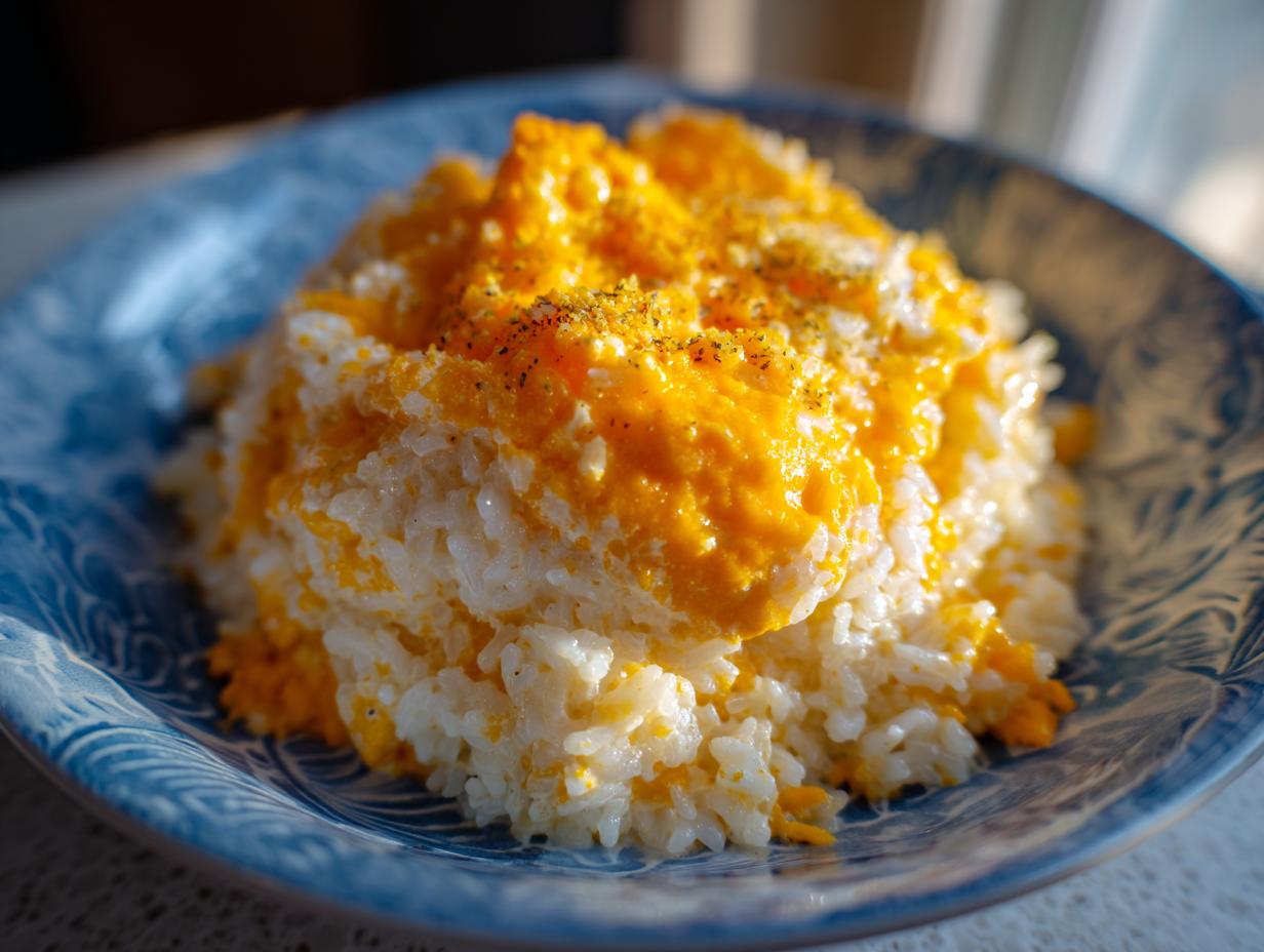 A close-up of fluffy white rice topped with melted bright orange cheddar cheese, seasoned with pepper, served in a blue patterned bowl. This is the ultimate cheesy rice.