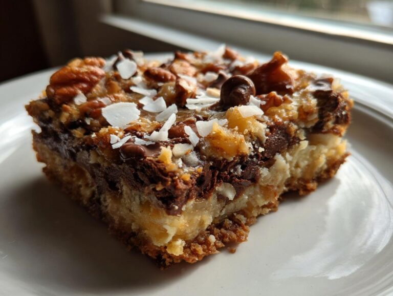 A decadent square of magic cookie bars showing layers of crust, chocolate chips, pecans, and shredded coconut.