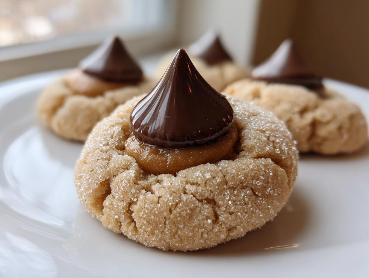 Close-up of a sugar-coated peanut butter blossom cookie topped with a melted chocolate kiss.