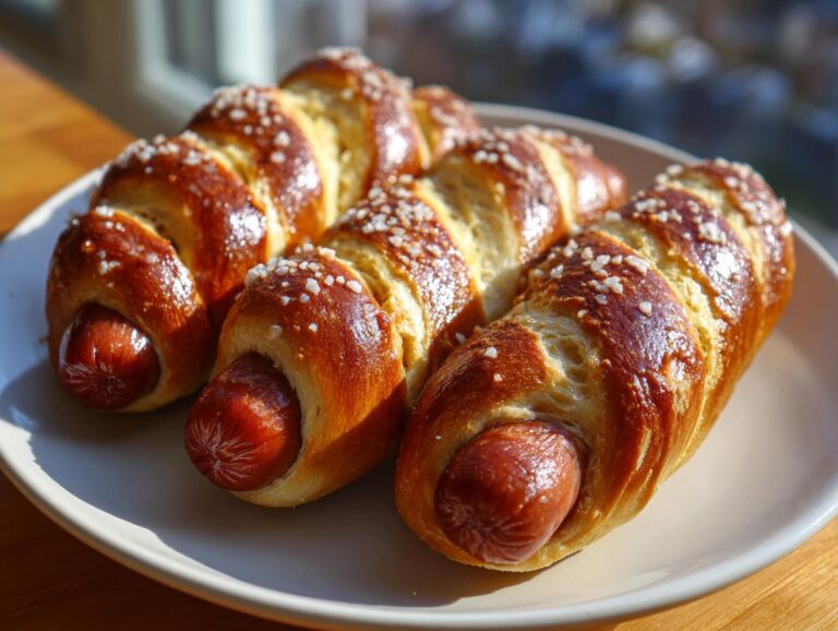 Three freshly baked pretzel dogs with shiny, dark brown crust and coarse salt, resting on a light plate.