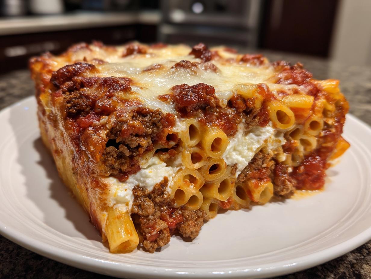 A thick, square slice of baked ziti style pasta bake layered with meat sauce and ricotta, topped with melted mozzarella cheese.