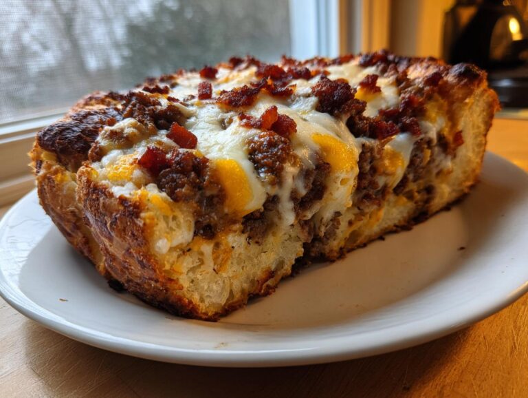A thick, savory slice of loaded garbage bread, topped with melted cheese, ground meat, and bacon bits, served on a white plate.