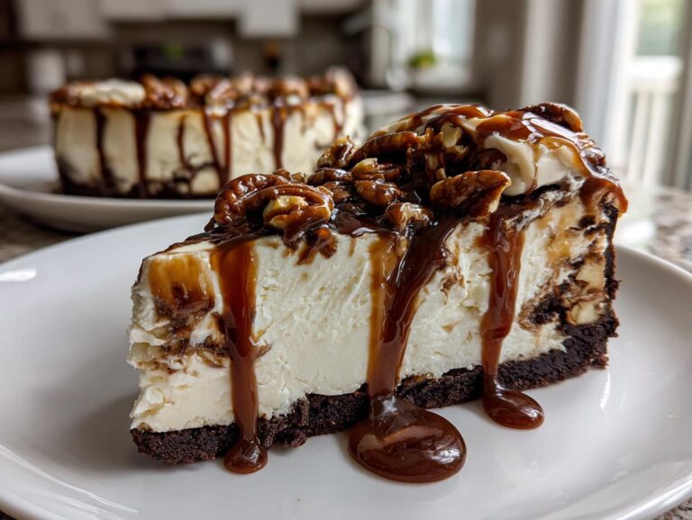 A close-up slice of rich turtle cheesecake with a thick brownie crust, topped with pecans and dripping with caramel sauce.