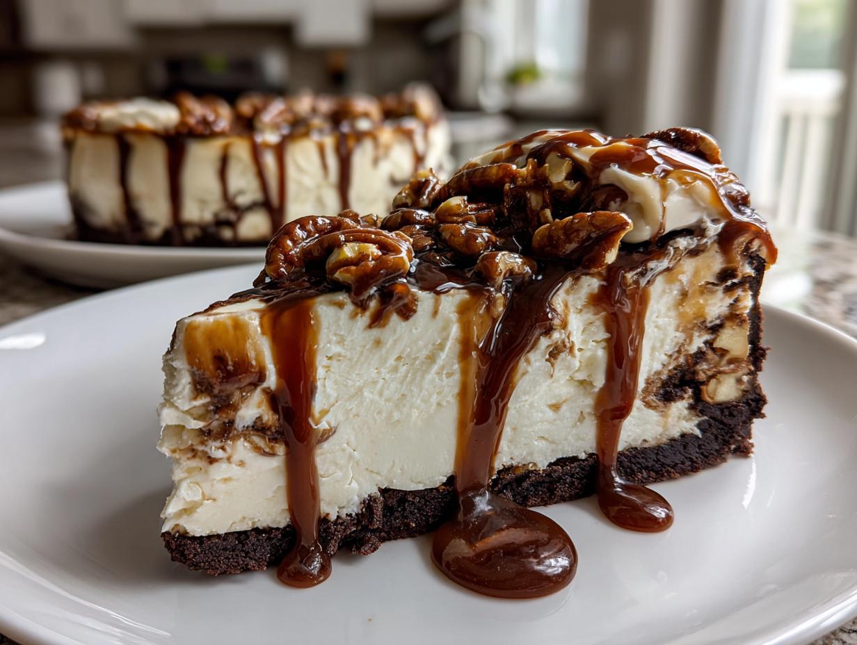 A close-up slice of rich turtle cheesecake with a thick brownie crust, topped with pecans and dripping with caramel sauce.