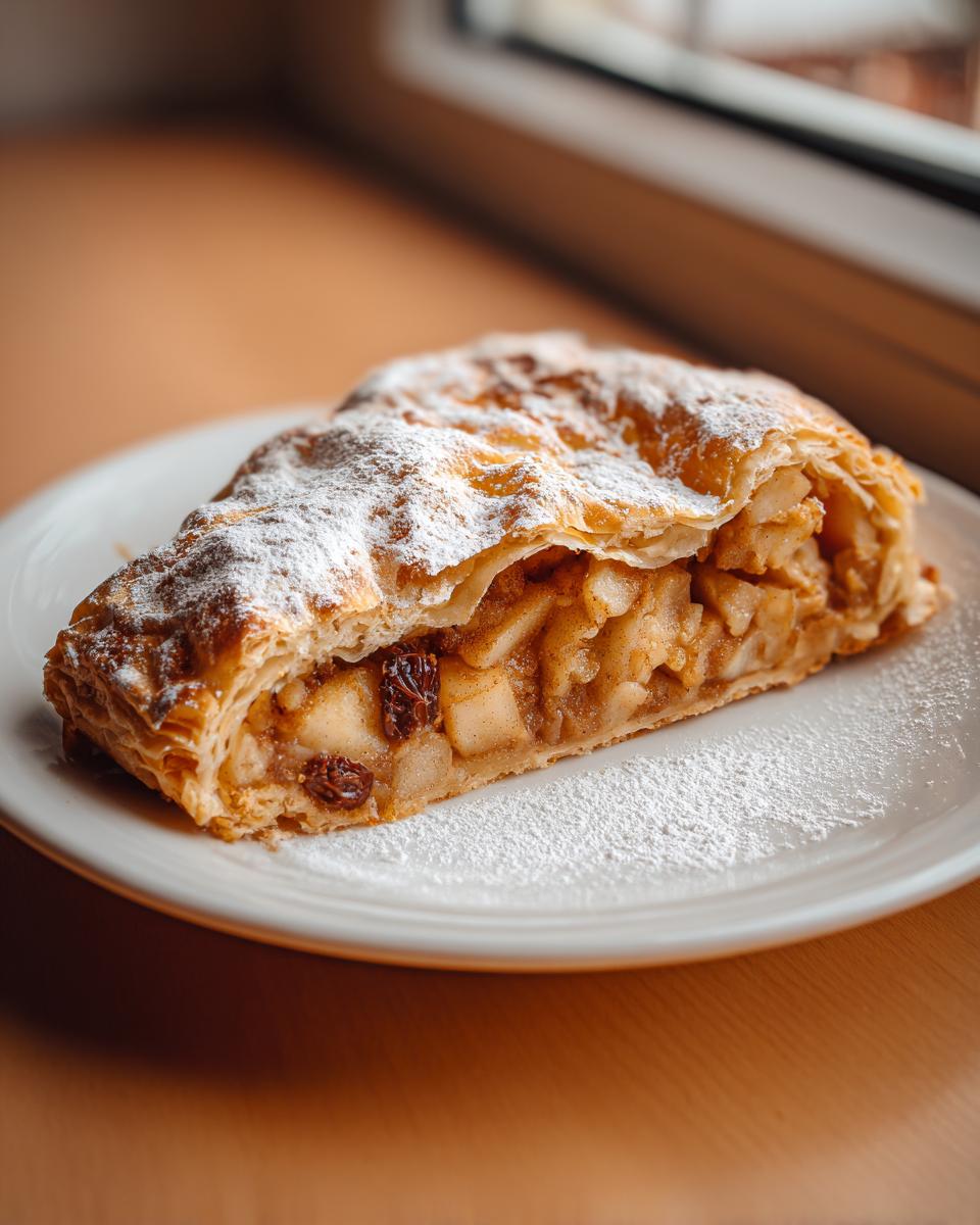 A close-up of a freshly baked slice of apple strudel, filled with spiced apples and raisins, dusted generously with powdered sugar.