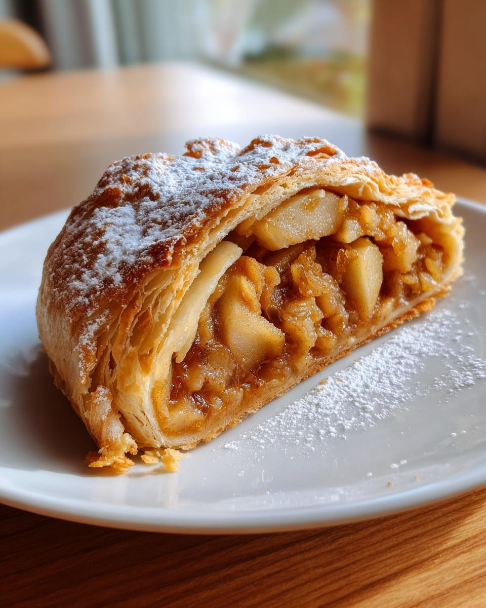 A close-up of a delicious slice of apple strudel, showing flaky pastry and apple filling, dusted with powdered sugar.