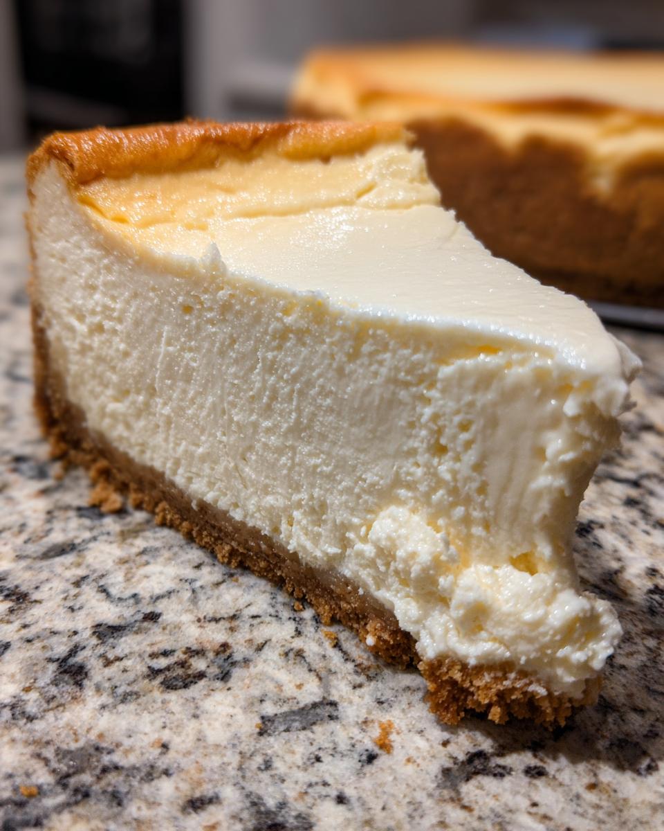 Close-up of a thick slice of creamy cheesecake recipe with a graham cracker crust.