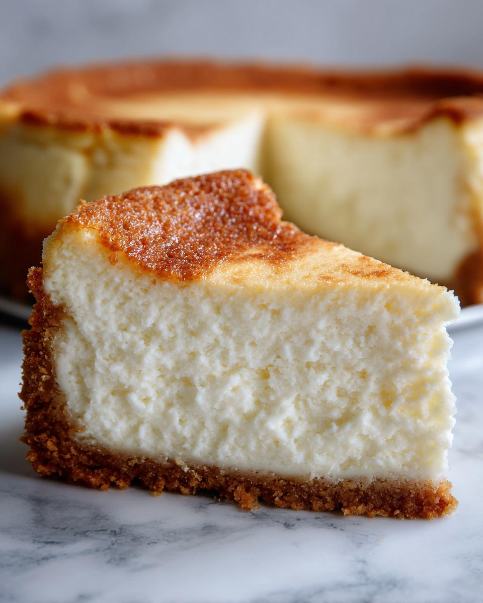 Close-up of a thick slice of creamy cheesecake recipe with a golden-brown top and graham cracker crust.