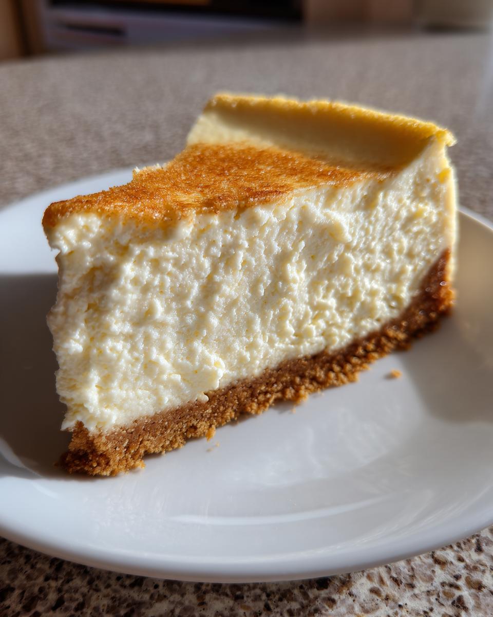 A thick, creamy slice of classic cheesecake recipe with a golden-brown graham cracker crust.