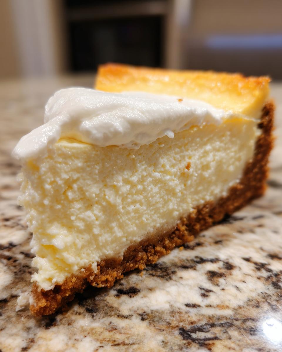 A close-up of a thick slice of creamy cheesecake recipe with a graham cracker crust and a dollop of whipped cream.