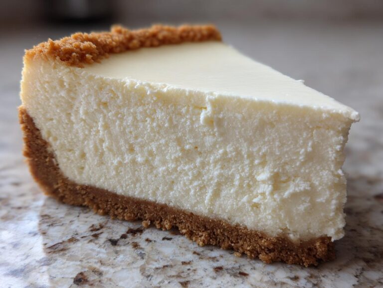 Close-up of a thick, creamy slice of classic cheesecake recipe with a graham cracker crust.