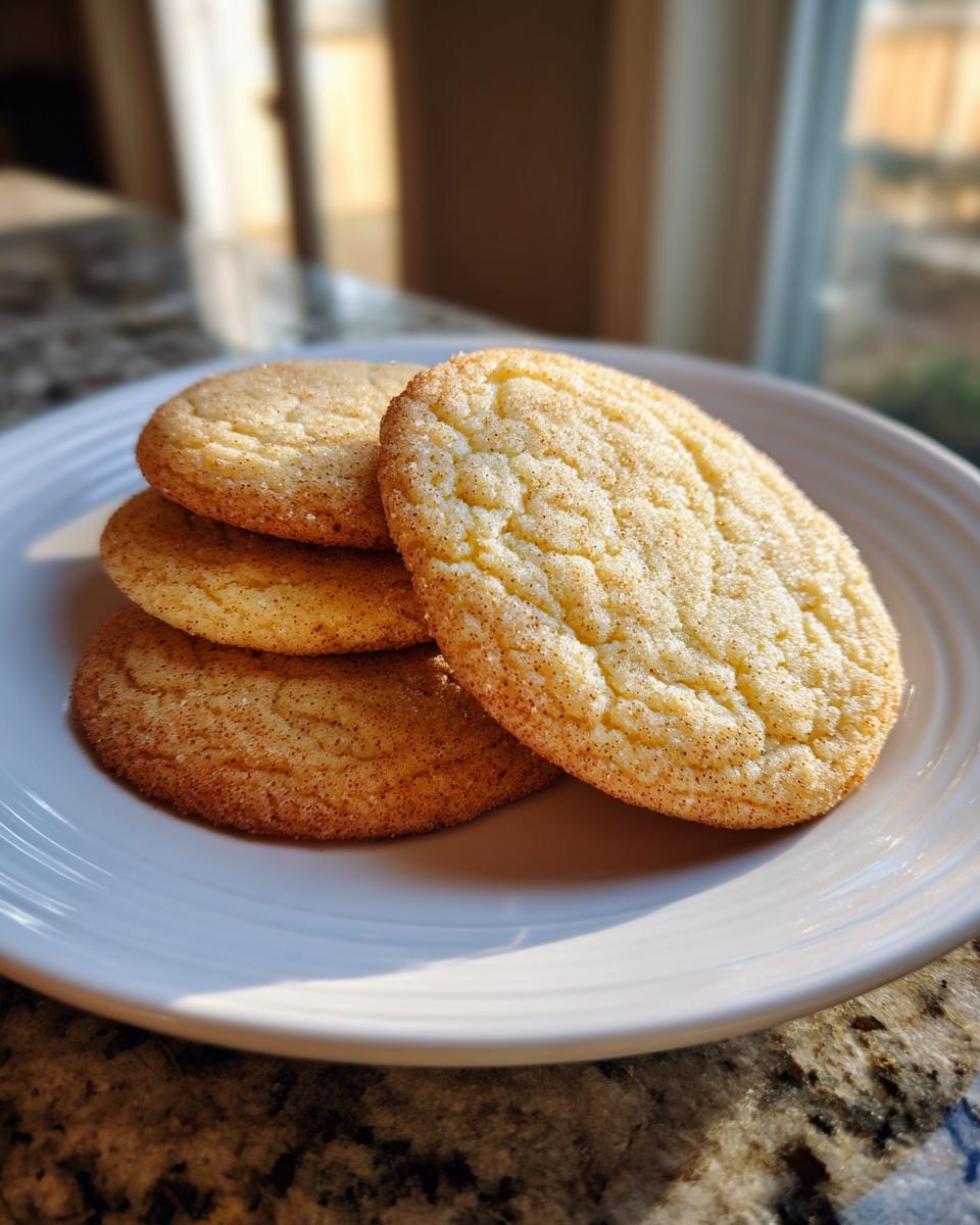 A stack of four golden brown sugar cookies coated in cinnamon sugar, resting on a white plate.