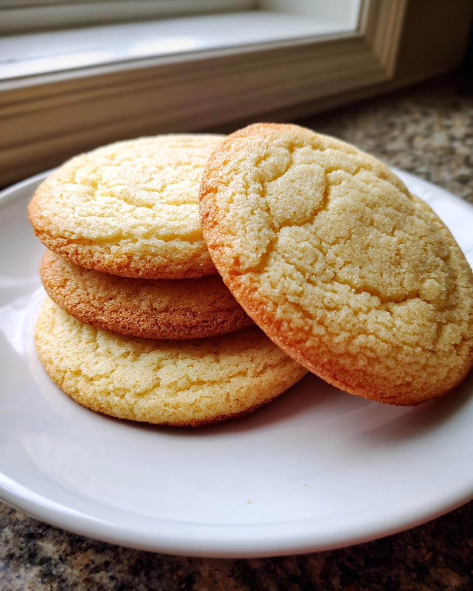 A stack of three golden brown, slightly crinkled sugar cookies resting on a white plate.