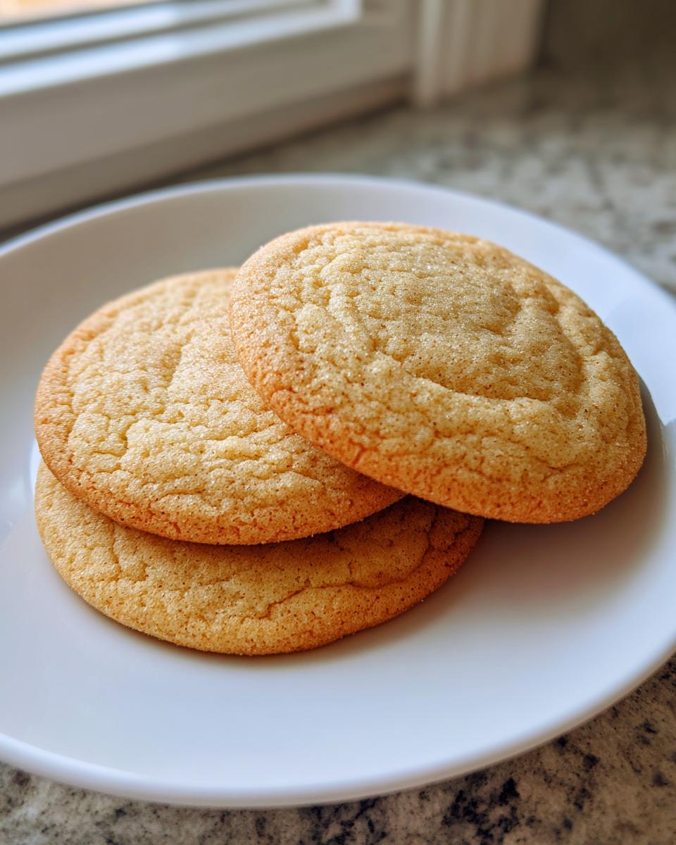 Three golden brown, slightly crinkled sugar cookies stacked on a white plate near a window.