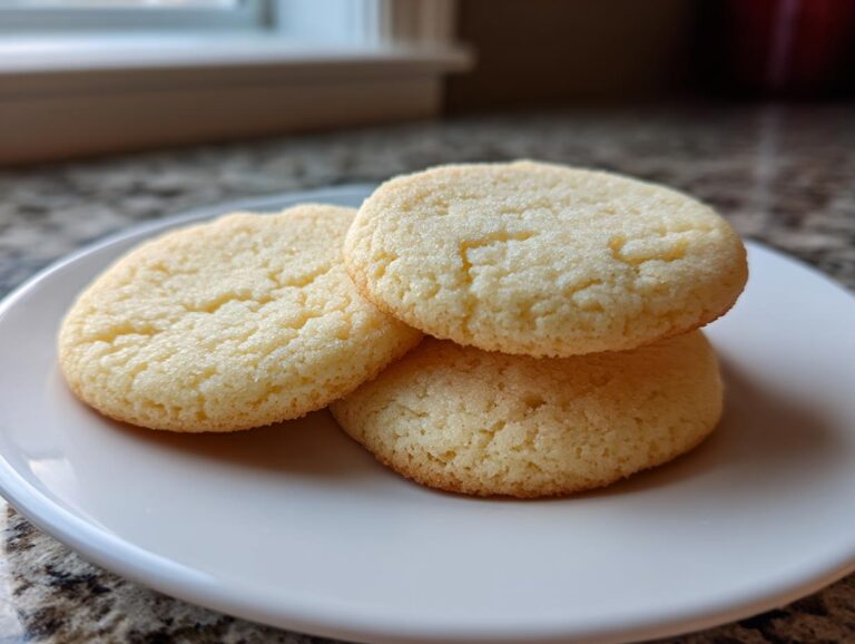 Three perfectly baked, soft-looking sugar cookies stacked slightly on a white plate.