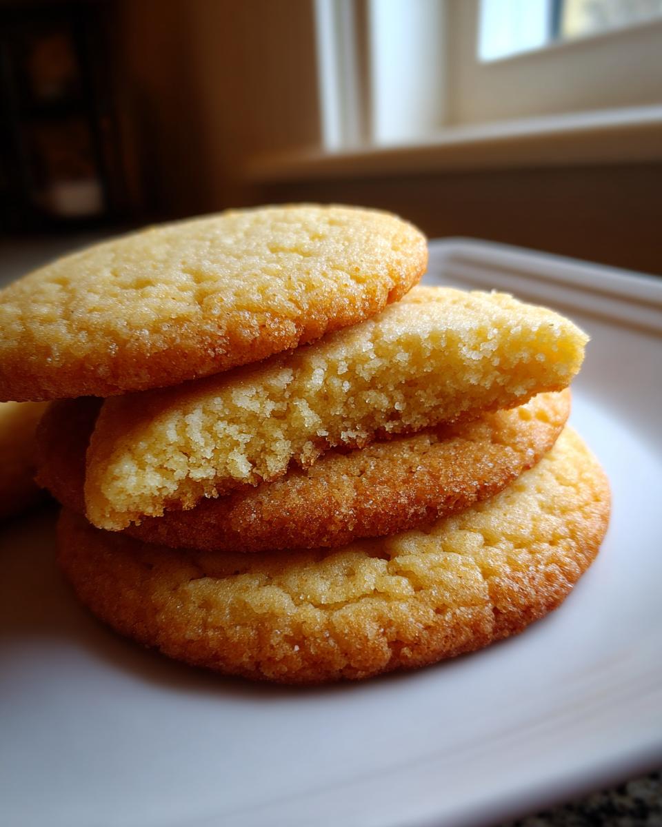 Close-up of a stack of golden brown sugar cookies, one broken open to show the soft, crumbly texture inside.