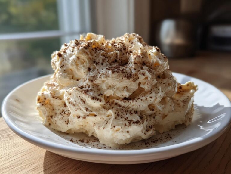 A generous serving of fluffy, whipped cinnamon butter dusted with ground cinnamon on a white plate.