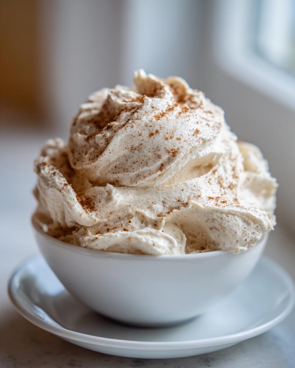 A generous swirl of creamy cinnamon butter, dusted with extra cinnamon, served in a small white bowl.