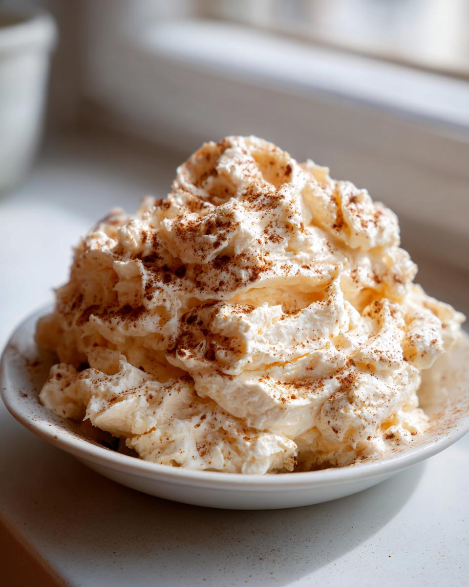 A mound of fluffy, creamy cinnamon butter dusted generously with ground cinnamon in a small white bowl.