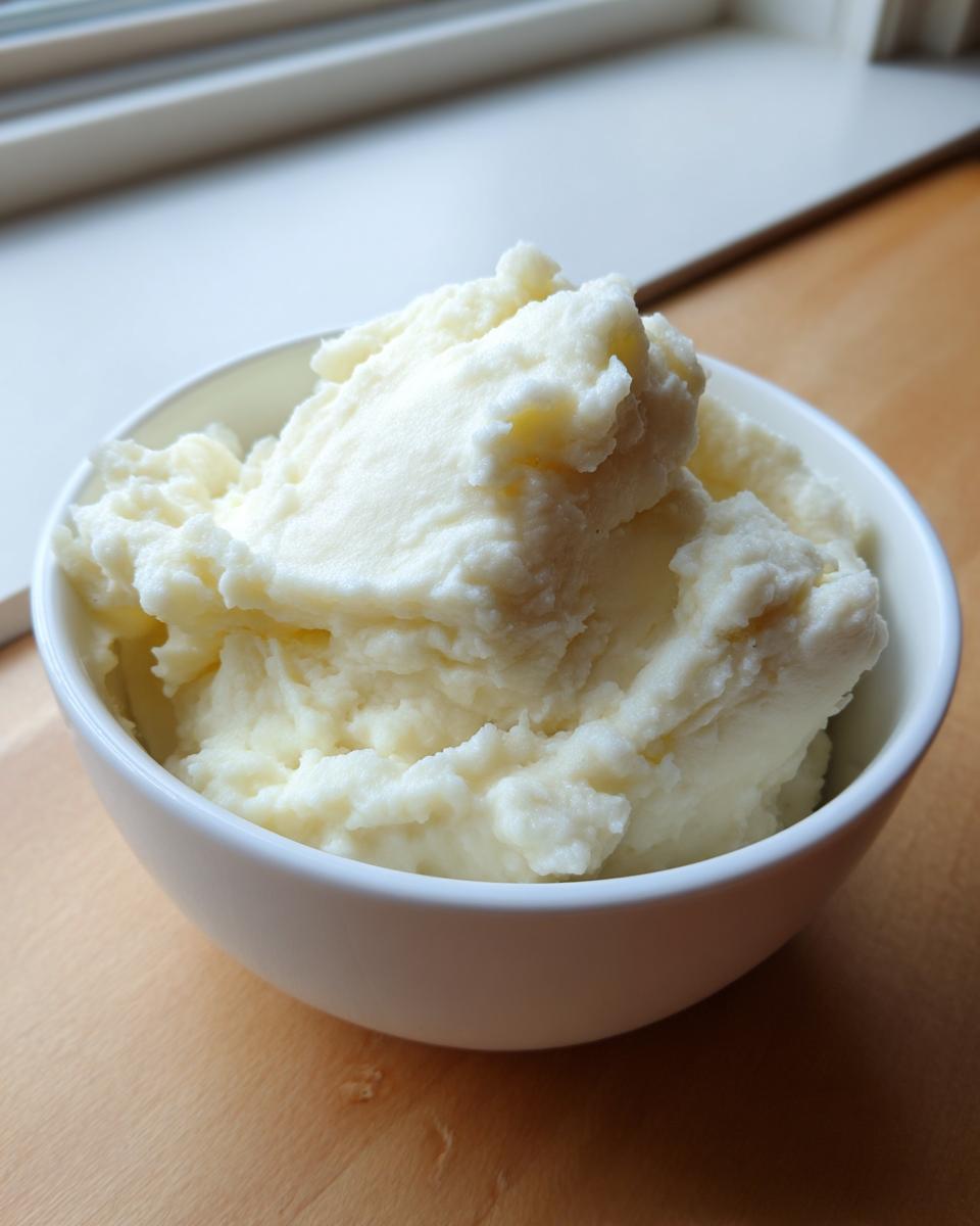 A close-up of a white bowl filled with fluffy, rich creamy mashed potatoes next to a window.